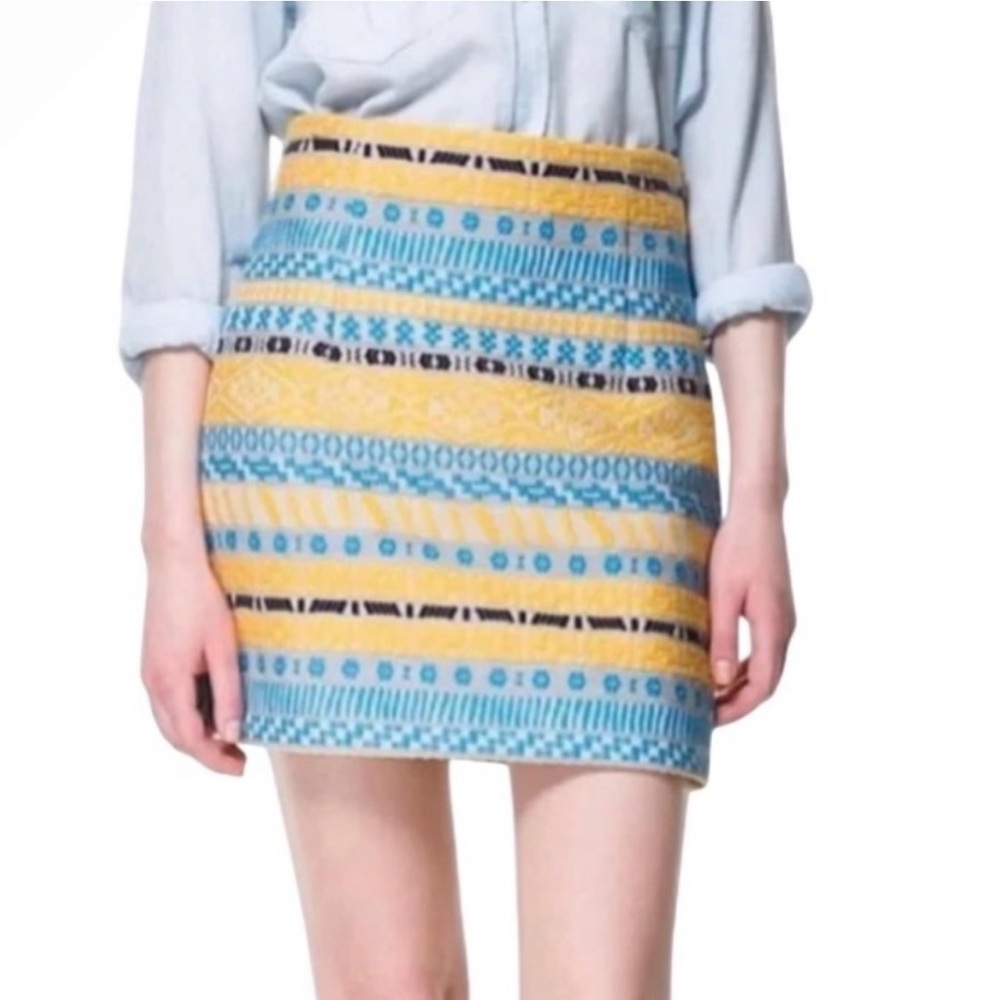 Zara Yellow Blue Gray Black Aztec Boho Patterned Mini Skirt - Size S - Picture 2 of 8